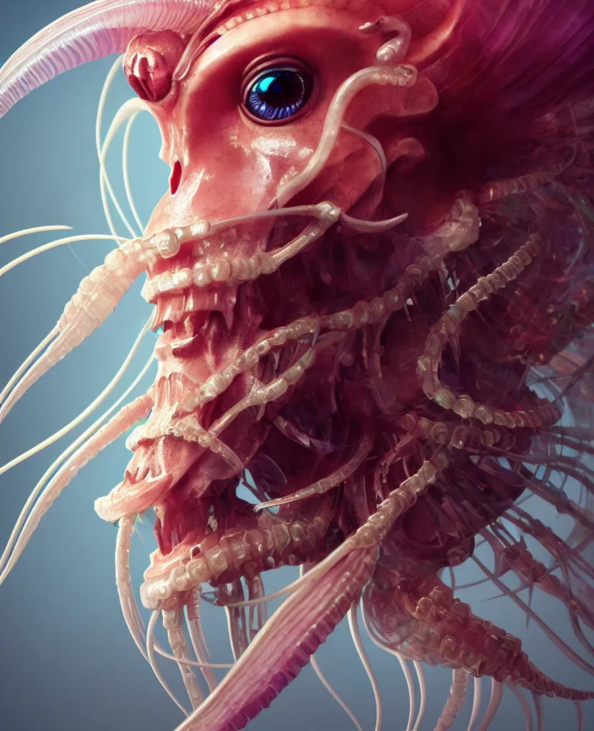 Image similar to goddess close-up portrait ram skull. jellyfish phoenix head, nautilus, orchid, skull, betta fish, bioluminiscent creatures, intricate artwork by Tooth Wu and wlop and beeple. octane render, trending on artstation, greg rutkowski very coherent symmetrical artwork. cinematic, hyper realism, high detail, octane render, 8k