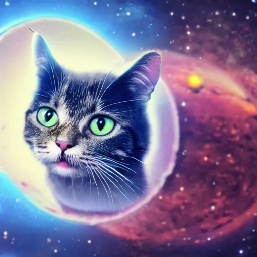 Prompt: A cat in space, hyper realistic, HD, HQ, photo realistic