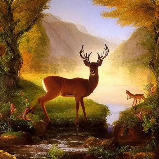 Image similar to A deer comes to drink from the stream. The deer is a metaphor for innocence. It is pure and untouched by the harshness of the world. It is gentle and fragile. An oil painting by Thomas Cole