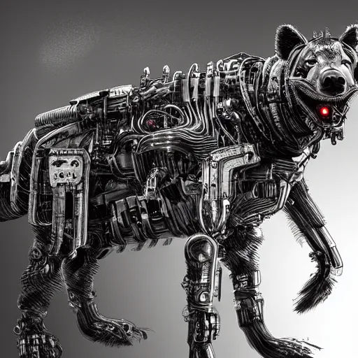 Image similar to cybernetic hyena, bladerunner style, cyborg with lots of metal and wires, realistic highly detailed concept art