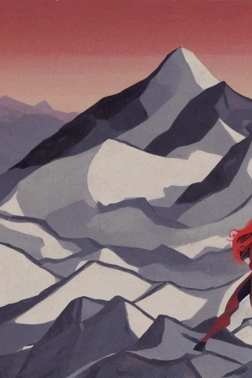 Image similar to black widow ( natasha romanova ) on mountains, marvel, artwork by nicholas roerich,