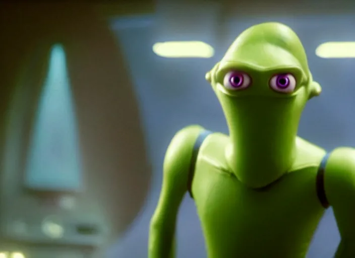 Prompt: film still of real life kif kroker, a light green skinned alien with almond shaped eyes and small lips dressed like zapp brannigan in the new scifi movie, 4 k