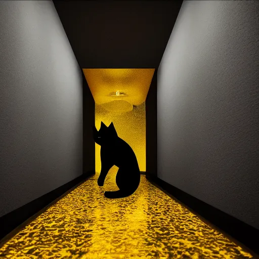 Image similar to a full-body shot of a black void cat with golden glowing eyes at the end of a scary hallway, fairytale, nightmare, hauntingly beautiful, elegant, super detailed, Octane render, reflections