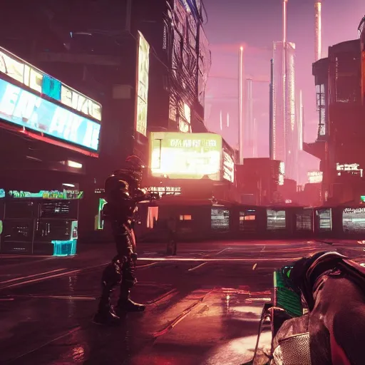 Image similar to futuristic call of duty game set in a synth - wave cyberpunk city, ps 5, 8 k