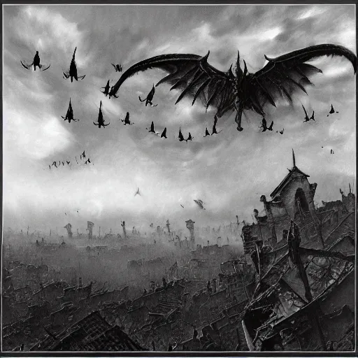 Image similar to a group of ominous deathwings flying above a destroyed village in the style of Zdzisław Beksiński