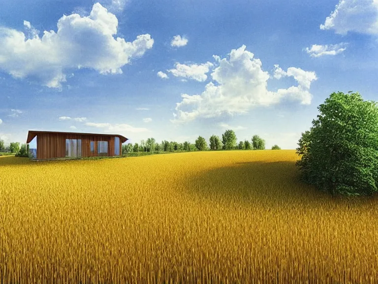 Prompt: hyperrealism design of beautiful eco house around the forest in small ukrainian village by taras shevchenko, wheat field behind the house