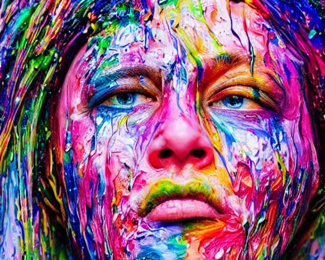 Image similar to still shot close up footage of the portrait of a human head made of acrylic pour and splashing paint and paint explosion and dripping paint and flying paint chunk, motion blur, hyperrealistic, medical, intricate art photography, anatomically correct, realistic crisp textures, 1 6 k