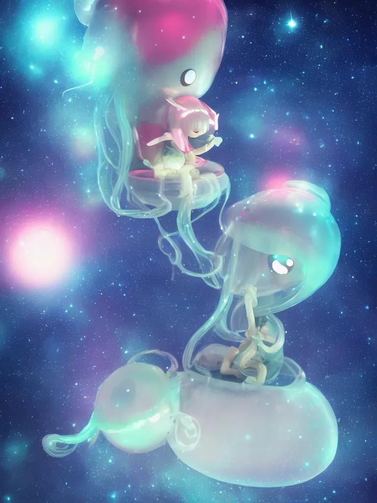 Prompt: cute fumo plush alien jellyfish girl sitting on a small island floating in the dark galactic abyss, vignette, bokeh, vray