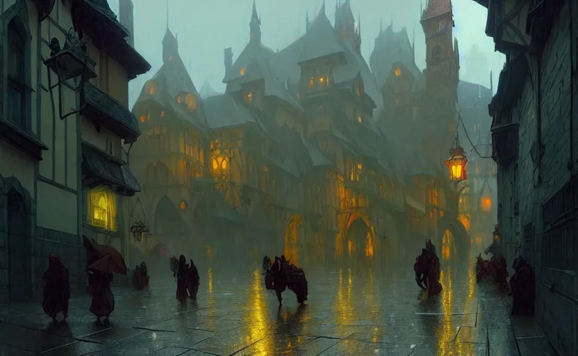 Image similar to an old medieval city with rainy atmosphere and moody and cinematic lighting by alphonse mucha, simon stalenhag and darek zabrocki, cinematic and atmospheric, concept art, artstation, trending on artstation