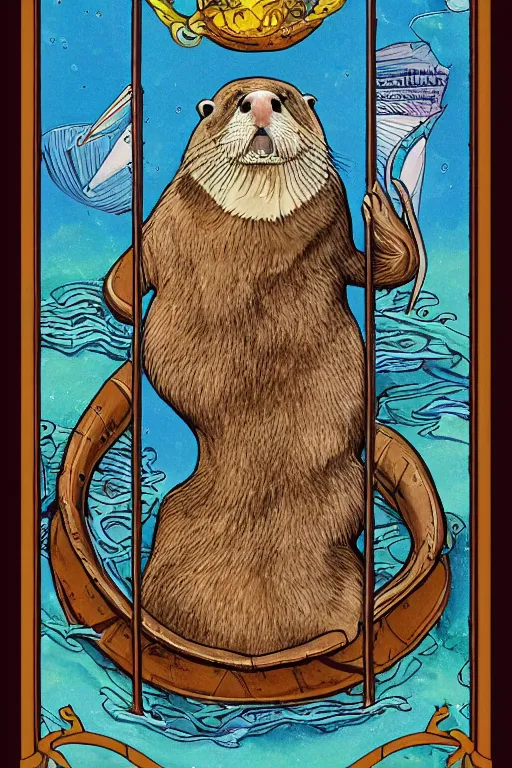 Prompt: tarot card illustration depicting a sea otter on the card the seven of clams, framed in an elaborate rectangular border, tarot card, detailed illustration, sea otter, furry art, artstation, 4 k