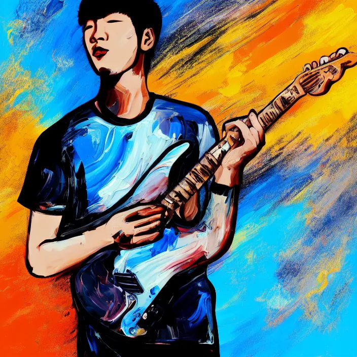 Image similar to abstract swirly brush strokes painting of a young korean man wearing black t shirt holding a telecaster!!! electric guitar!!, dark swirly background, huge dramatic brush strokes, matte colors, abstract, masterpiece, impressionist, trending on artstation