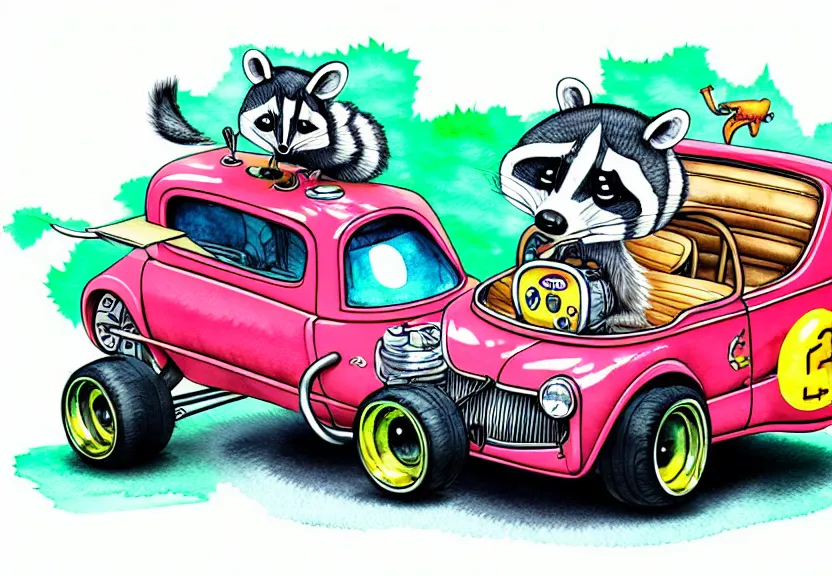 Prompt: cute and funny, racoon riding in a tiny hot rod coupe with oversized engine, ratfink style by ed roth, centered award winning watercolor pen illustration, isometric illustration by chihiro iwasaki, edited by range murata, third person view