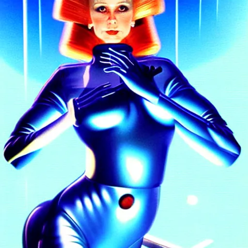 Prompt: futuristic space woman, blue sky art by peter lloyd, 1 9 8 0's art, airbrush style, art by hajime sorayama,, intricate, elegant, sharp focus, illustration, highly detailed, concept art, matte, sharp focus, illustration, highly detailed, 6 4 0