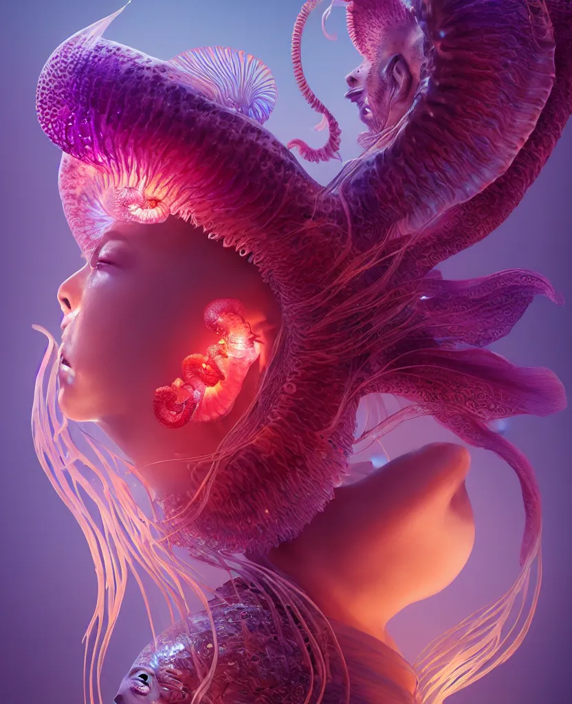 Image similar to goddess close-up portrait. chimera orchid jellyfish phoenix head, nautilus, skull, betta fish, bioluminiscent creatures, intricate artwork by Tooth Wu and wlop and beeple. octane render, trending on artstation, greg rutkowski very coherent symmetrical artwork. cinematic, hyper realism, high detail, octane render, 8k