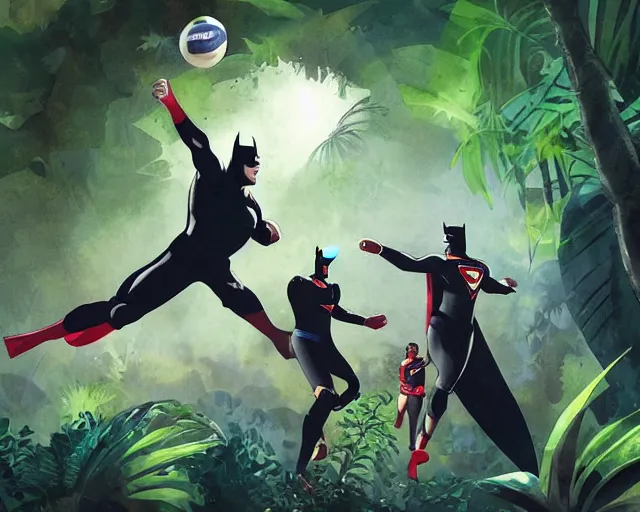 Image similar to batman and superman are playing volleyball in a jungle, volleyball in the air, volleyball net, digital illustration, inspired by greg rutkowski and artgerm, high detail