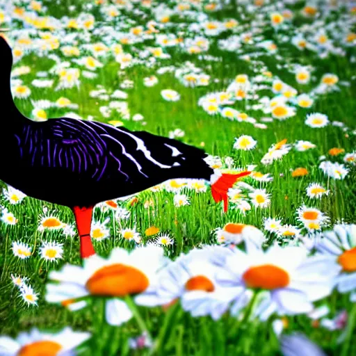 Prompt: a goose eating taffy in a field of daisies