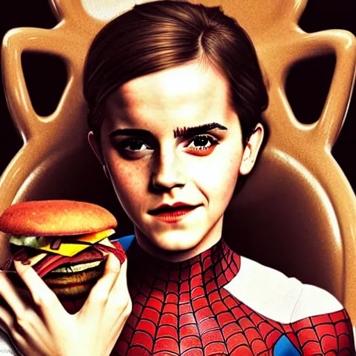 Image similar to emma watson in a spiderman suit sitting on the iron throne, eating a hamburger, photorealistic, highly detailed, artstation, smooth, anatomically correct, art by michael whelan, artgerm, greg rutkowski and alphonse mucha