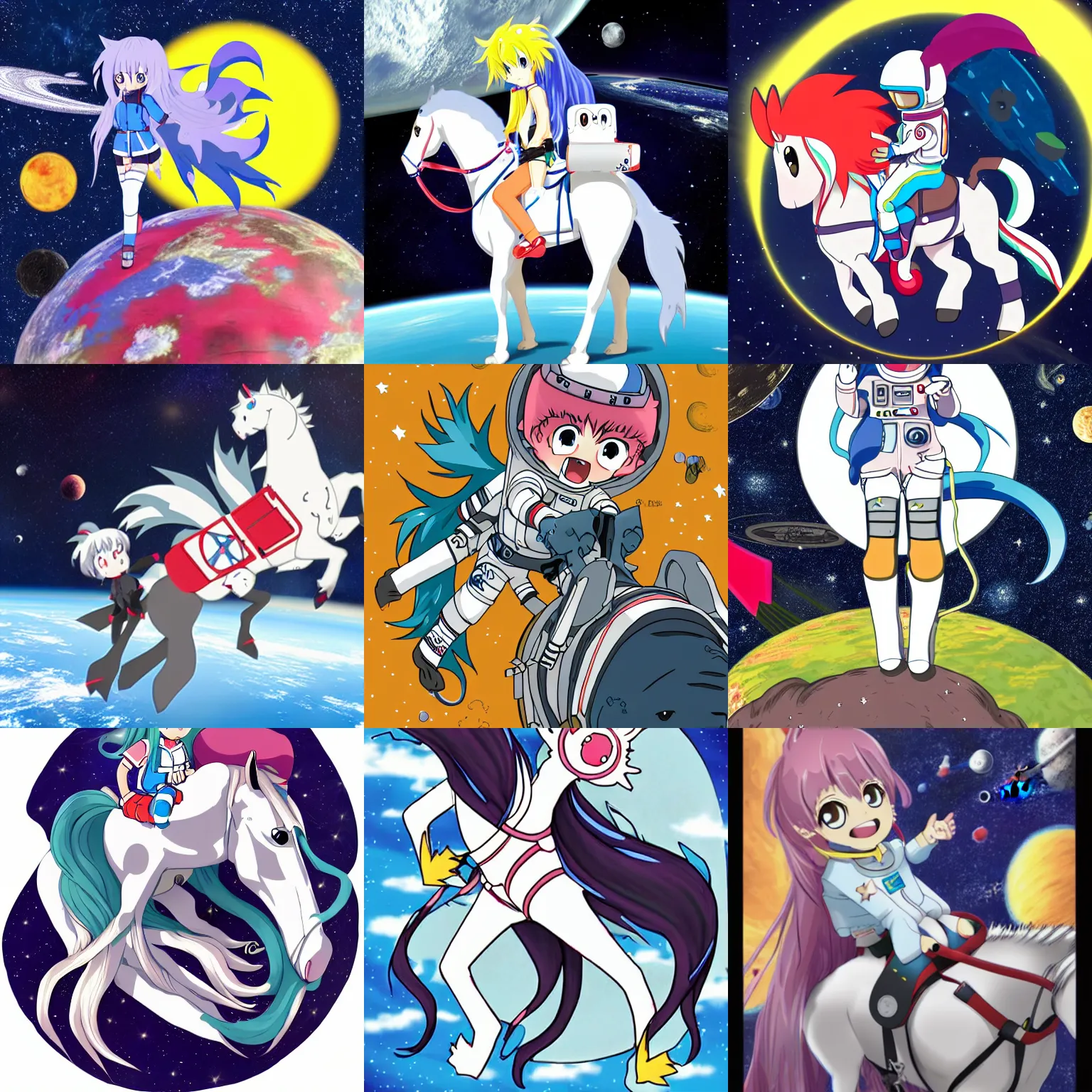 Prompt: anime monster horse girl riding on space astronaut spine