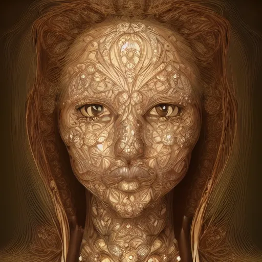 Image similar to beatifull frontal face portrait of a woman, 150 mm, flowers, mandelbrot fractal, symmetric, intricate, golden ratio, full frame, elegant, highly detailed, ornate, ornament, sculpture, elegant , luxury, beautifully lit, ray trace, octane render in the style of peter Gric , alex grey and Romero Ressendi