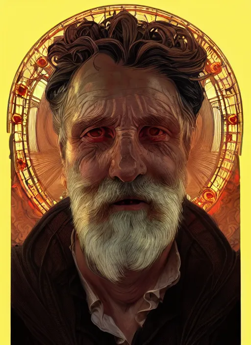 Prompt: the god hephaestus, old man, ash hair, glowing eyes, volumetric lights, yellow and red scheme, art nouveau botanicals, gothic, intricate, highly detailed, digital painting, artstation, concept art, smooth, sharp focus, symmetric face, illustration, steampunk, art by artgerm and greg rutkowski and alphonse mucha