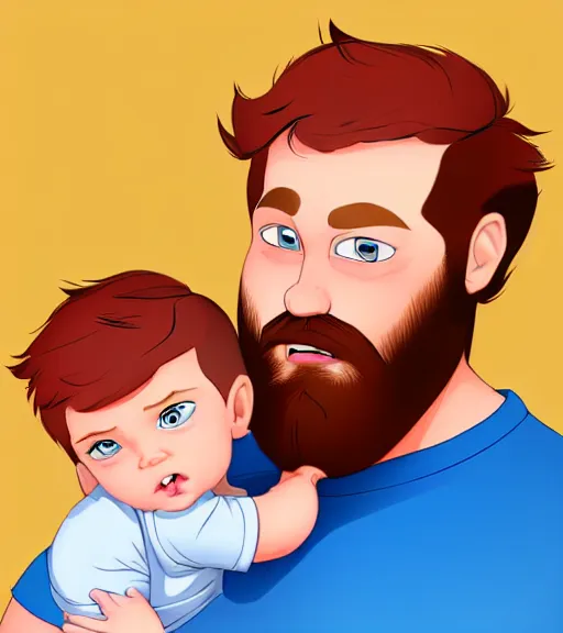 Image similar to a father with short red hair, a short red beard and blue eyes and a chubby face hold his infant son with short brown hair full color digital illustration in the style of don bluth, artgerm, artstation trending, 4 k