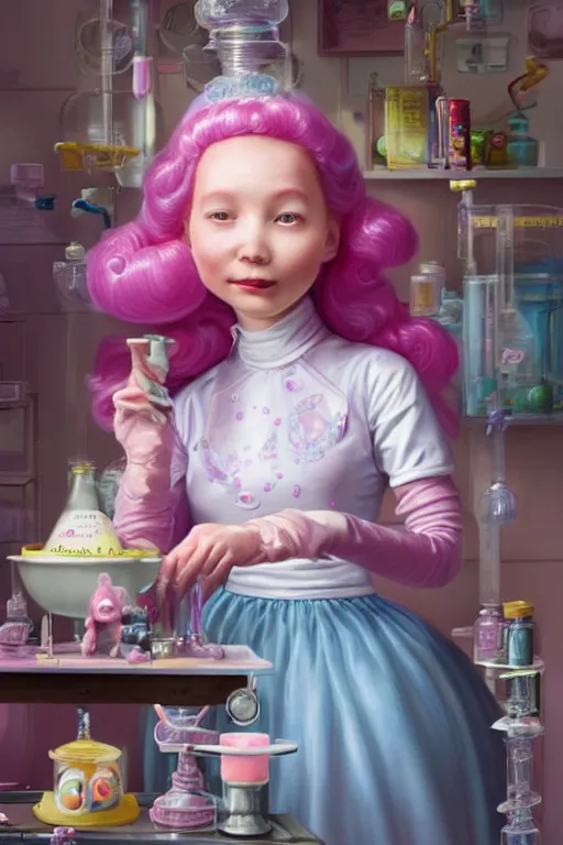 Prompt: highly detailed, profile portrait of princess bubblegum experimenting in her candy science lab, wearing lab coat and sapphire tiara, bubblegum hair, bubblegum face, depth of field, illustration, concept art by nicoletta ceccoli, mark ryden, lostfish, detailed and intricate environment, 8 k resolution, hyperrealistic, octane render