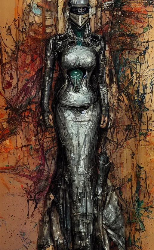 Image similar to woman wearing gown made of mech mask rendered in unreal engine, cyberpunk, rave, scifi, painted by albrecht durer | bernard buffet | carne griffiths | wlop