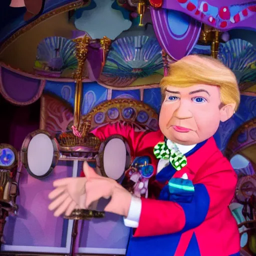 Prompt: a six year old child puppet in the its a small world ride in real life that looks exactly like donald trump, highly detailed, high definition, ultra realistic