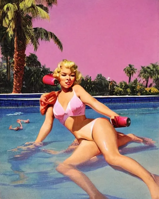 Image similar to tuesday weld swimming in a pink bikini, tuesday weld half immersed in water in a palm springs midcentury swimming pool by gil elvgren, by mort kunstler, by robert maguire