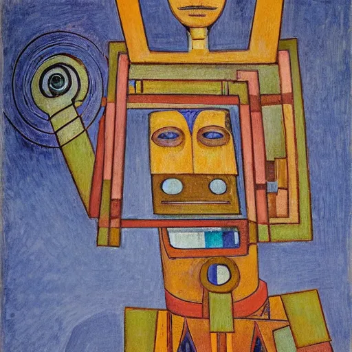 Image similar to portrait of a robot shaman, by annie swynnerton and edward hopper and diego rivera and rufino tamayo and jean delville and evelyn de morgan, art deco shaman, stylized geometric flowers, art brut, outsider art, symbolist, dramatic lighting, god rays, clean crisp graphics, smooth sharp focus, extremely detailed, adolf wolfli