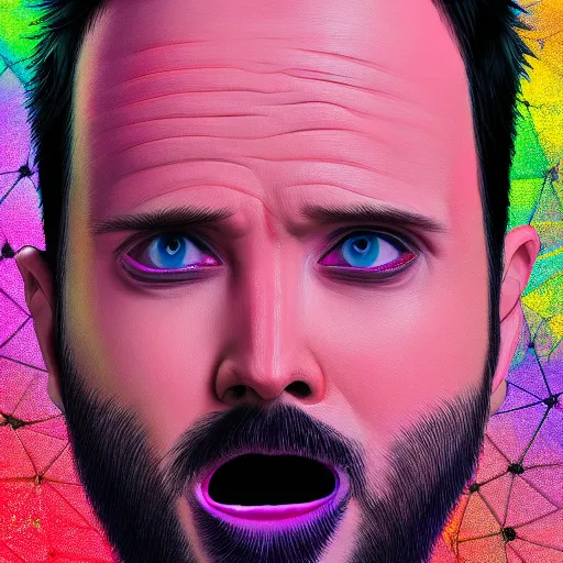 Image similar to a detailed painting of a demon poorly disguised as Aaron Paul by Junji ito and Lisa frank, vivid color scheme, artstation,8k,artstationHD,artstationHQ, cinematic, diffuse lighting