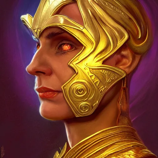 Image similar to bright, colorful, realistic, detailed from Elder Scrolls: shivering isles concept art golden saint a warrior woman with skin and hair made of bright and shiny gold portrait backlighting, kodachrome, high contrast, highly detailed, sharp focus, digital painting, concept art, illustration, trending on artstation, comic book by Alex Ross and Adam Adamowicz cover art