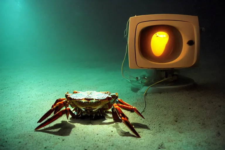 Image similar to robot crab underwater, in 2 0 1 2, bathed in the the glow of a crt television, crabcore, low - light photograph, photography by tyler mitchell