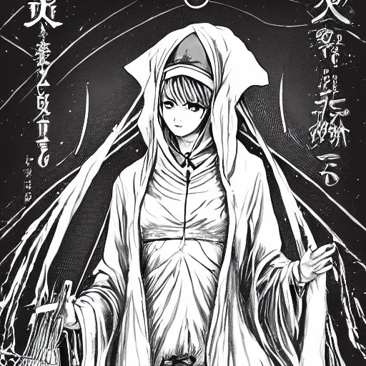 Prompt: precisely drawn illustration of anime hooded high priestess of an earth goddess, old-fashioned tarot card, victorian playing card, sepia tone, wide angle, sharp, fine details, anime, manga, cyberpunk, intense line art, 8k, precise linework, realistic, shaded lighting by katsuhiro otomo ghost-in-the-shell, magali villeneuve, artgerm, rutkowski Jeremy Lipkin and Giuseppe Dangelico Pino and Michael Garmash and Rob Rey