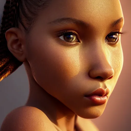 Prompt: a photorealistic hyperrealistic, bright brown eyes, innocent face, light skinned african american young girl, ponytail hair, flawless face, beautiful lips, cute face, petite, by wlop, artgerm, greg rutwoski, alphonse mucha, beautiful dynamic dramatic low - light moody lighting, cinematic atmosphere, artstation, concept design art, octane render, 8 k