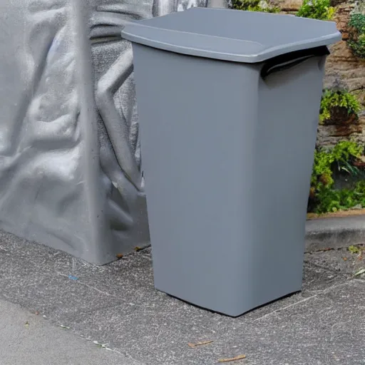 Prompt: melted gray garbage bin on metal,