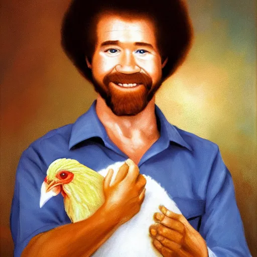 Image similar to bob ross holding a chicken, portrait,