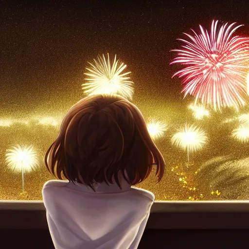 Prompt: girl watching watching fireworks on a hill, digital art, by range murata, akiyuki shinbou, highly detailed, realistic, cinematic, bold colours, photorealism, 4 k