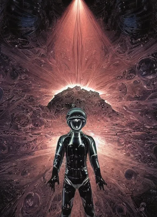 Image similar to astronauts in dark and empty void underwater - complex and hyperdetailed technical suit. reflection and dispersion materials. rays and dispersion of light. volumetric light. 5 0 mm, f / 3 2. noise film photo. flash photography. ultra realistic, wide angle. poster by wayne barlowe, hajime sorayama aaron horkey, craig mullins