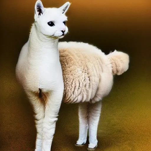 Prompt: a cat - alpaca - hybrid, animal photography