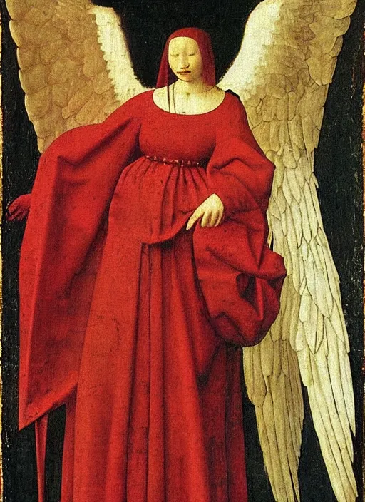 Image similar to Flying Fallen Angel with wings dressed in red, Medieval painting by Jan van Eyck, Johannes Vermeer, Florence