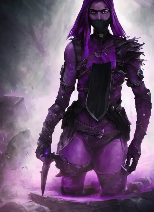 Prompt: An epic fantasy comic book style portrait painting of a young boy with straight shoulder black hair lilac eyes. Wearing black combat clothes. She is holding knives in both hands. Menacing look. Dark purple energy portal around, born from shadows. Unreal 5, DAZ, hyperrealistic, octane render, cosplay, RPG portrait, dynamic lighting