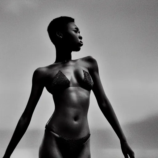 Image similar to portrait of a beautiful gorgeous black edgy model girl with short hair, bikini, she's sad, sunset, street of hong kong, 8 0 mm lens, 1. 2 aperture, kodak 5 2 1 9, grainy image, close up, cinematic light, very detailed, depressing atmosphere, cover magazine