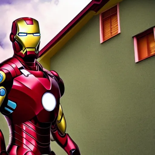 Image similar to iron man having a pr meeting in an abandoned house, studio ghibli, bright colors