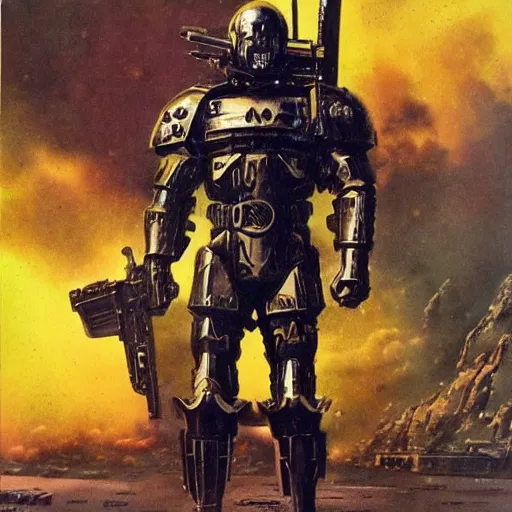 Image similar to schwarzenegger in armored suit and weapons, art by bruce pennington