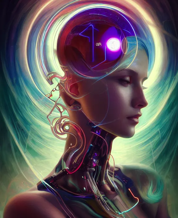 Image similar to a whirlwind of souls rushing inside the metaverse, hologram, half body, neurochip, shaved temple, piercing, jewelry, android, cyborg, cyberpunk face, by loish, d & d, fantasy, intricate, elegant, highly detailed, colorful, digital painting, artstation, concept art, art by artgerm and greg rutkowski and alphonse mucha