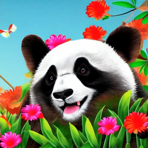 Image similar to beautiful panda riding an elephant among flowers chasing corgi, many small details, post modern style, digital art