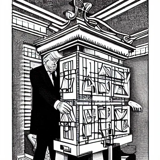 Image similar to a m. c. escher style drawing of trump and his safe