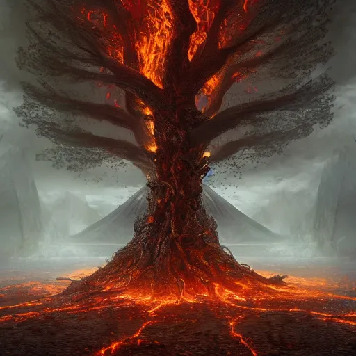 Image similar to tree of pain in a forest of fire, immense structure, hyperrealist, breathtaking, award - winning, groundbreaking, cinematic, dramatic, concept art, fan art, dark fantasy, lovecraft horror, intricate, digital art, zoomorphic, alien, 8 k, trending on artstation