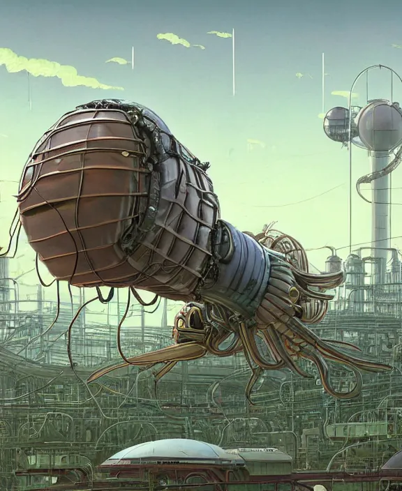 Image similar to inflated industrial plant made from isopod lobster octopus, in the style of spaceship, overgrown with orchids, partly cloudy, somber, dramatic lighting, by geof darrow, bill sienkiewicz, dan mumford, yusuke murata, makoto shinkai, ross tran, cinematic, unreal engine, cel shaded, featured on artstation, pixiv
